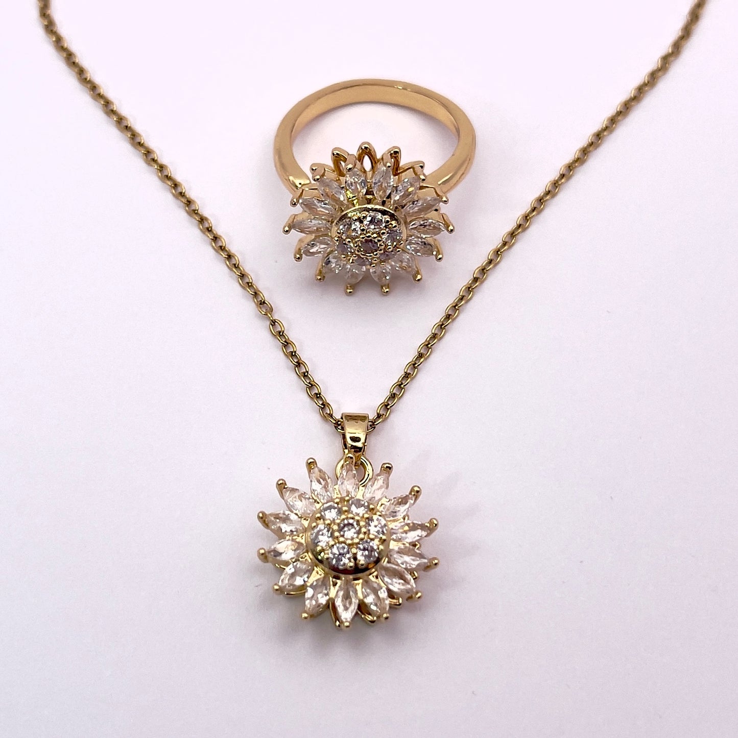 Ilio Zircon Sunflower Necklace and Ring Pairing