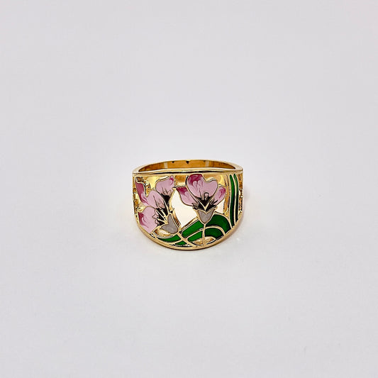 Front view of Ilya, A stunning floral 18K gold plated brass ring with enamel artistry